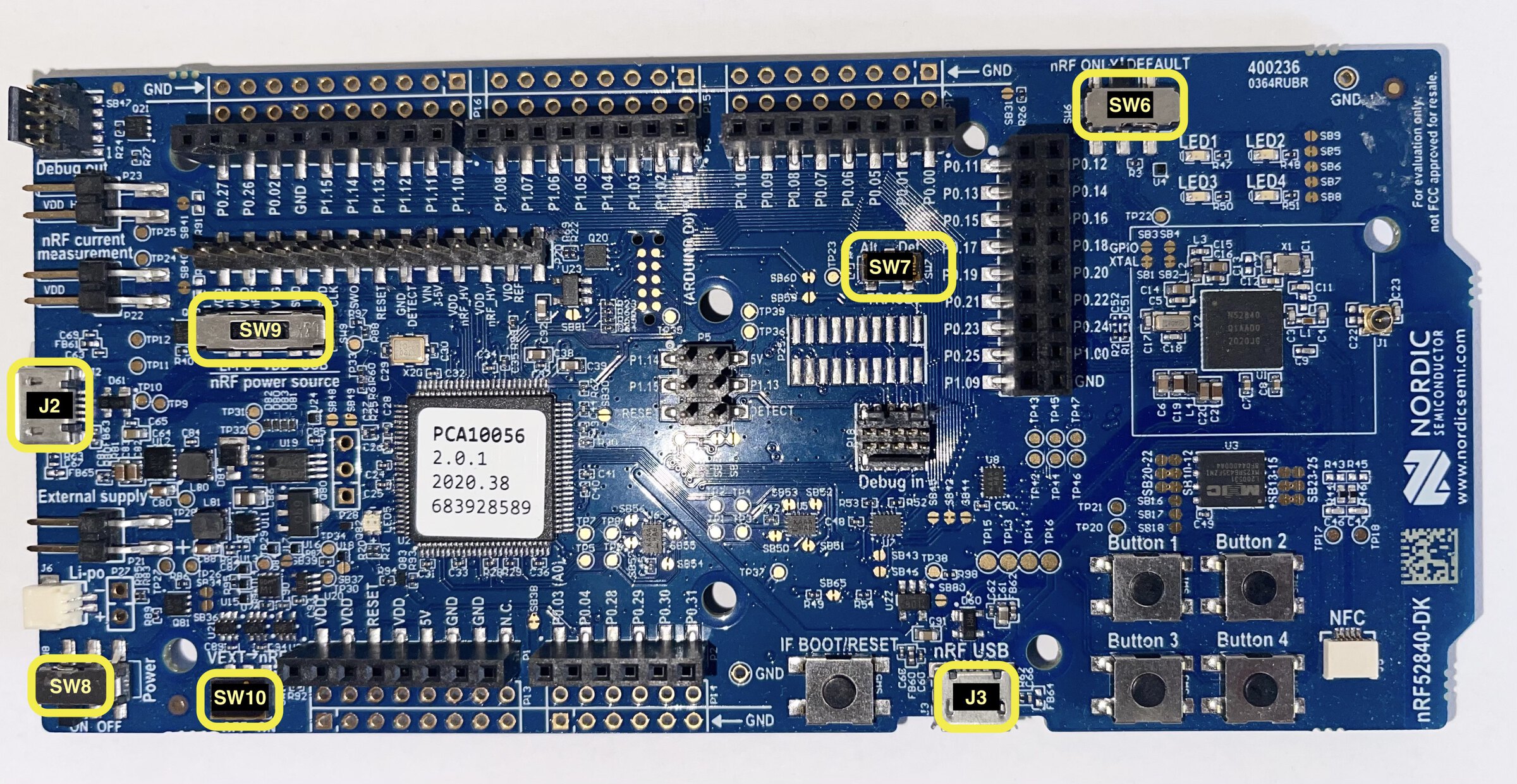 Labeled Diagram of the nRF52840 Development Kit (DK)